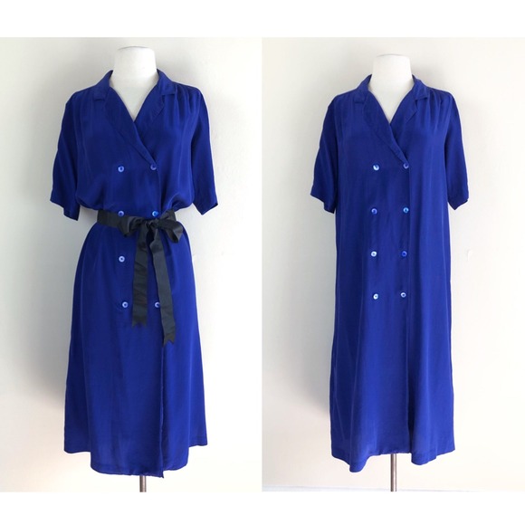 UrbanVintage Dresses & Skirts - vintage 90s cobalt blue silk shirt dress midi double breasted minimalist